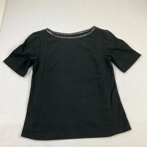 LOFT Womens Blouse Black Short Sleeve Boat Neck Faux Leather Trim Stretch Top XS